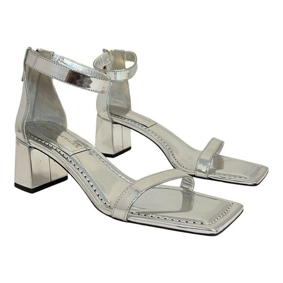 Good American Womens Size 8 Silver Patent Leather Ankle Strap Square Toe Sandals - Picture 1 of 9
